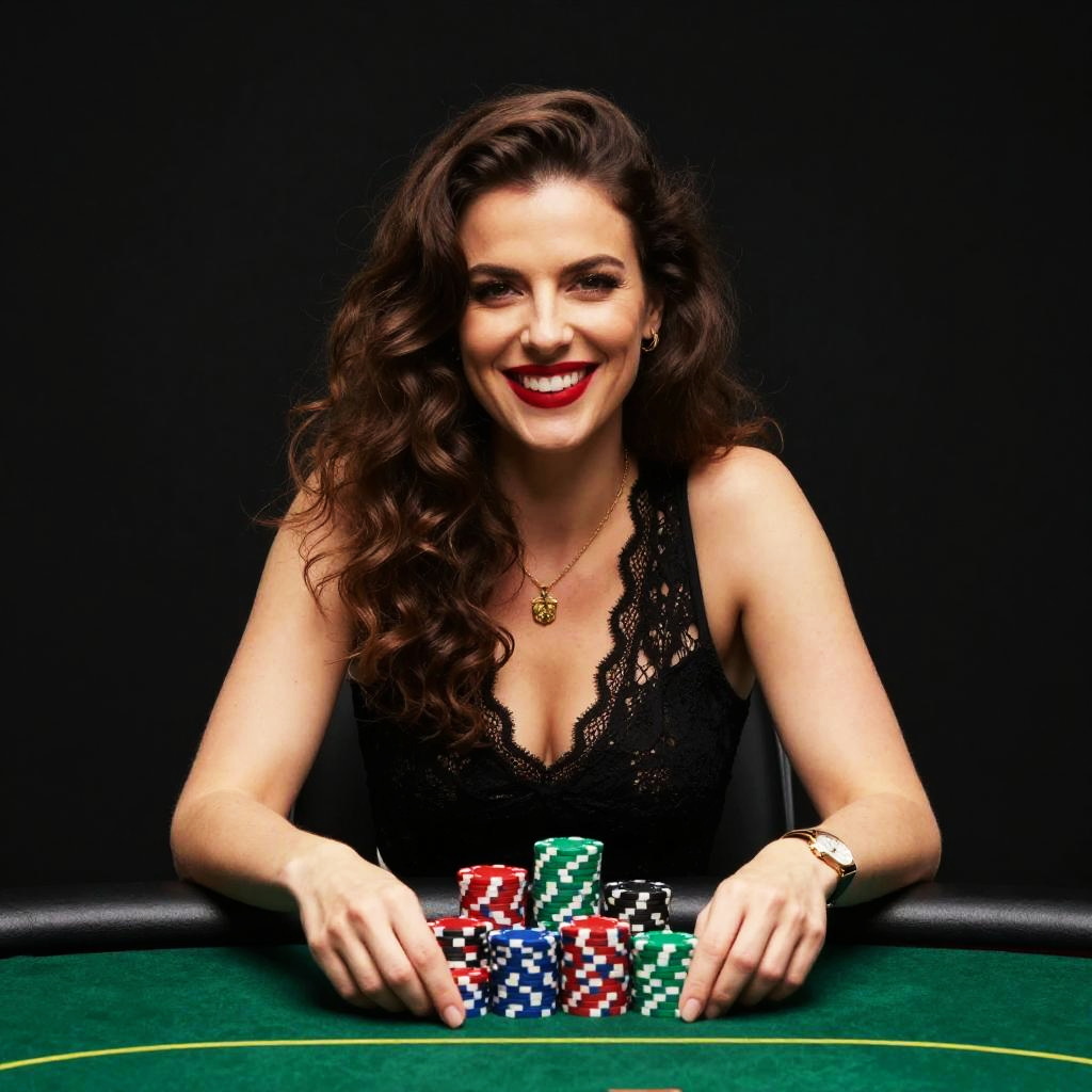 Confident Woman Playing Poker with Colorful Chips at Green Poker Table