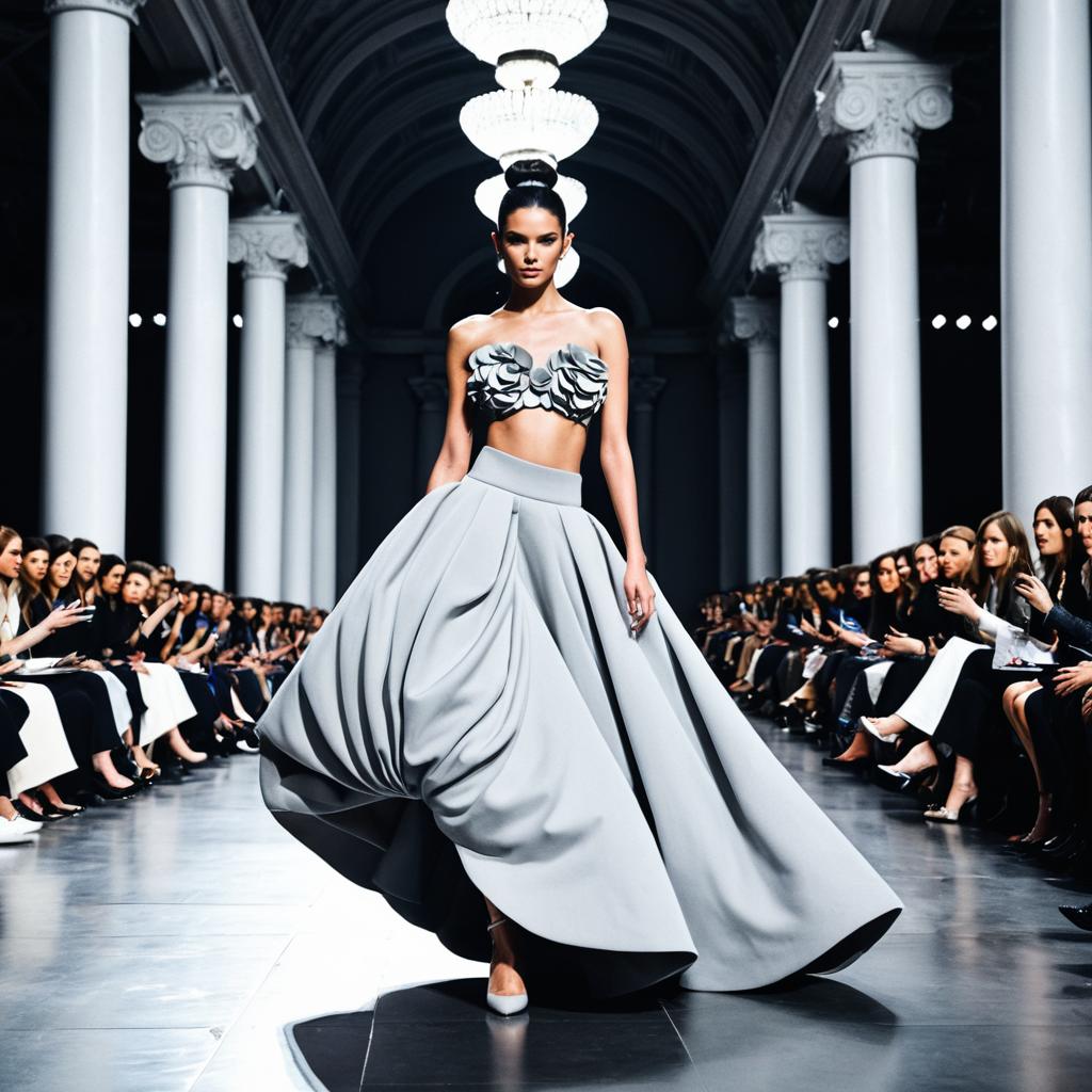 Elegant Woman in Sculptural Gray Couture Dress on Fashion Runway