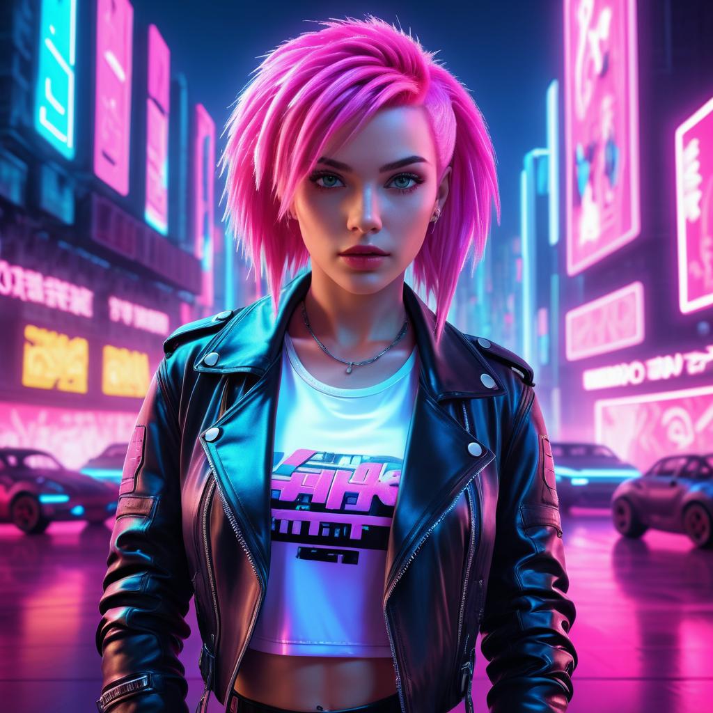 Striking Woman with Pink Hair in Neon Cityscape