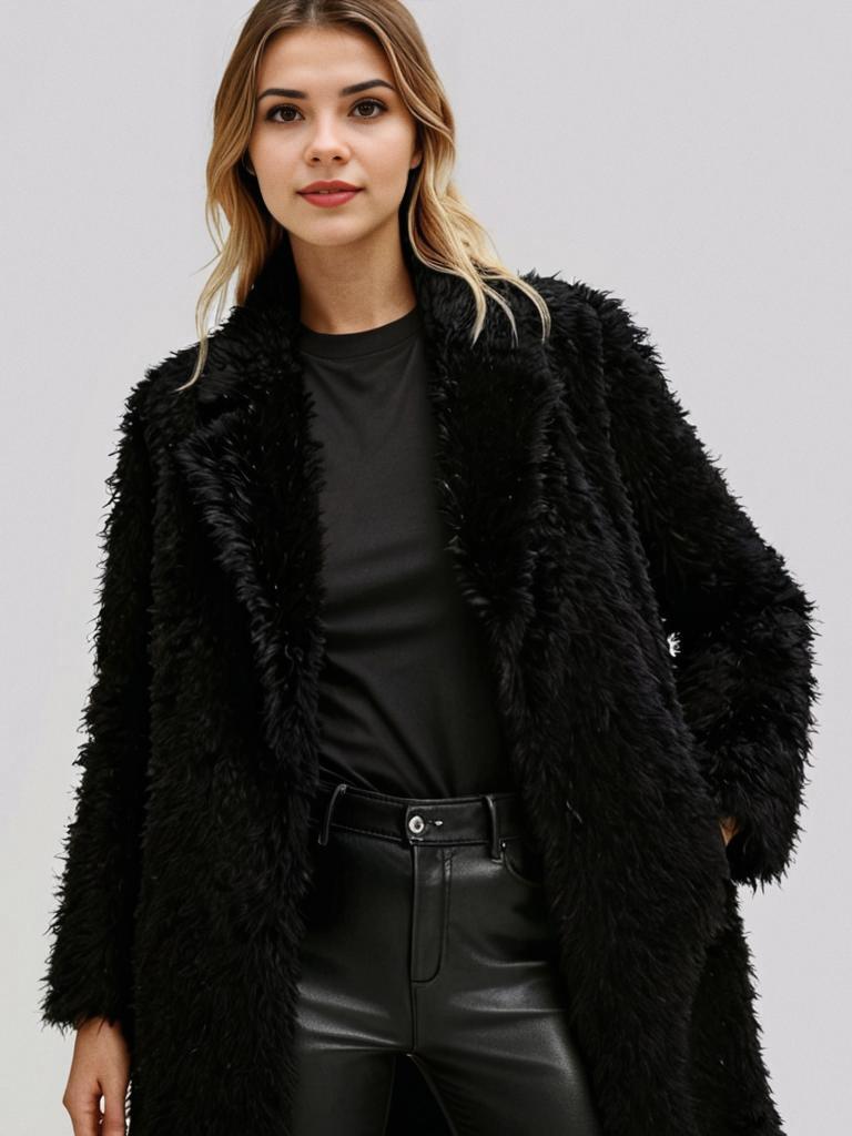 Chic Black Faux Fur Coat and Leather Pants