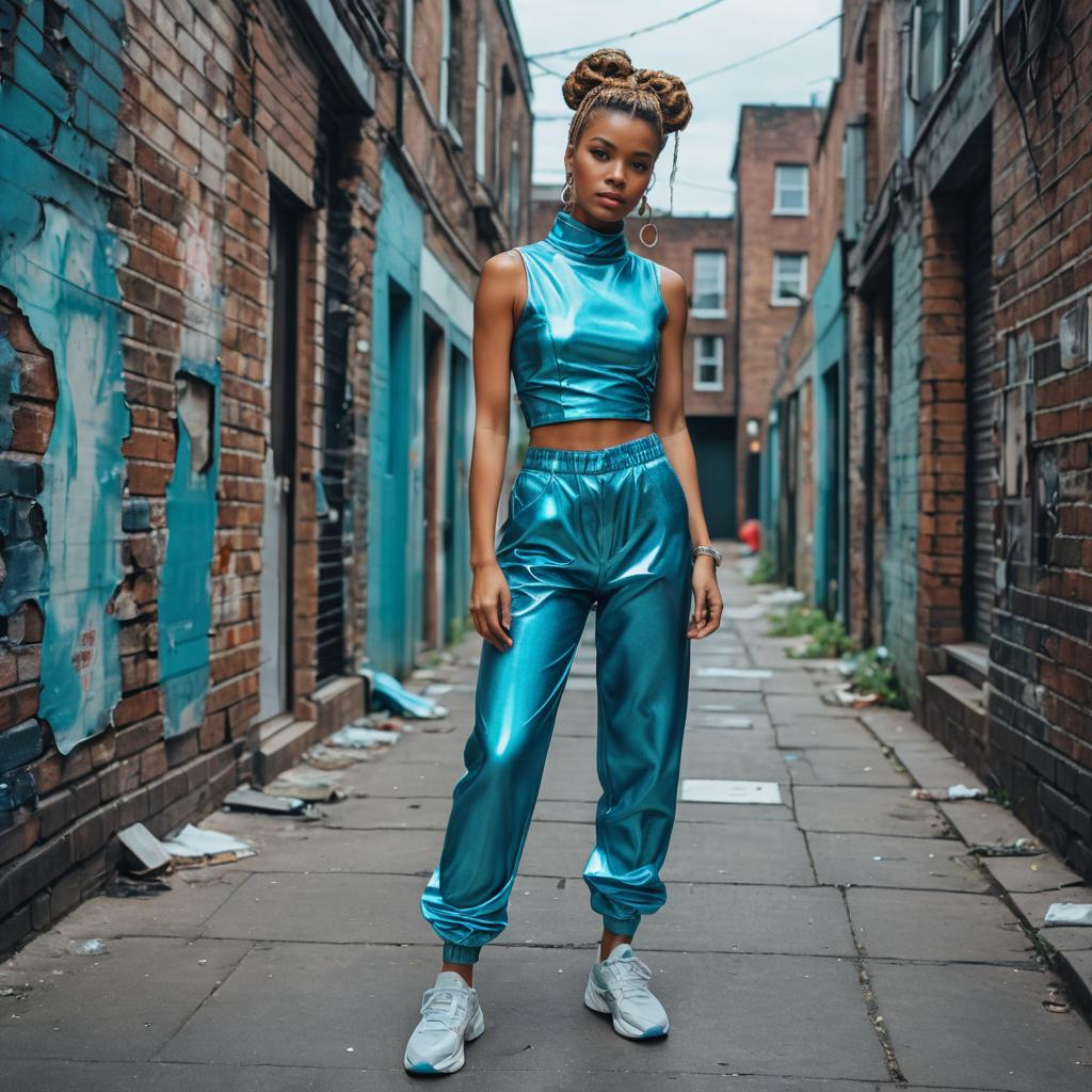 Woman Wearing Shiny Metallic Blue Outfit in Urban Alleyway