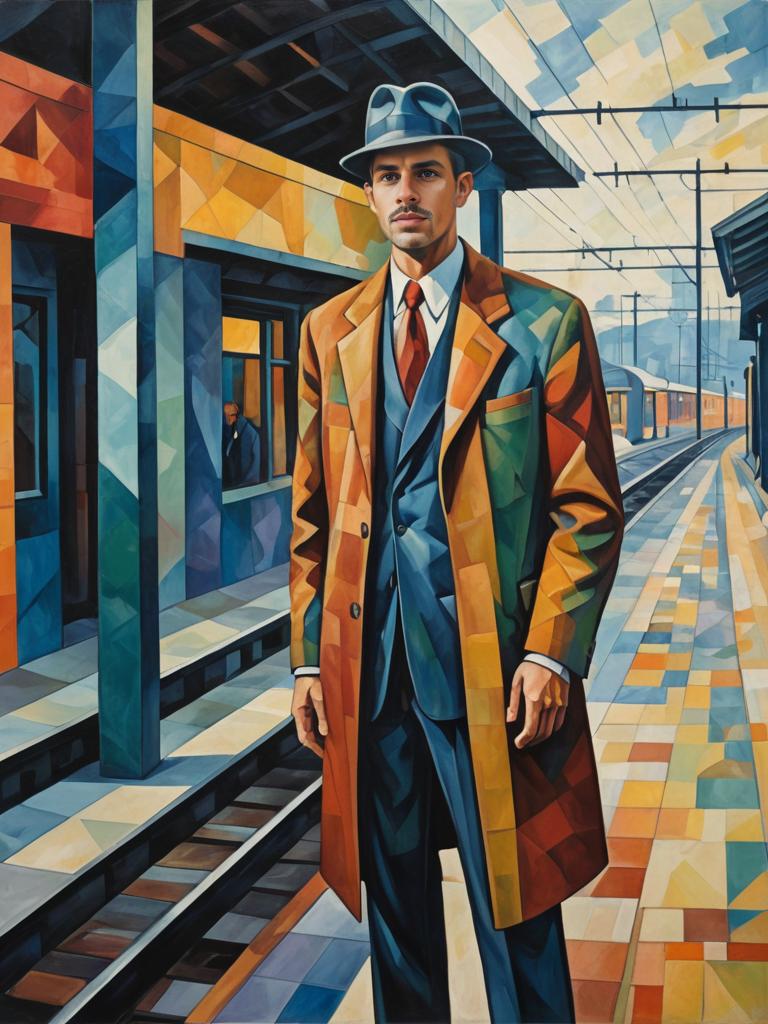 Cubist-inspired man in vibrant train station