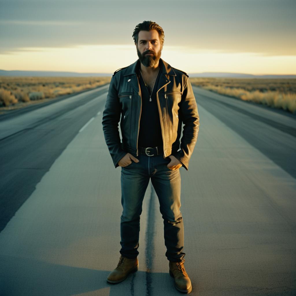 Handsome man on empty road at golden hour