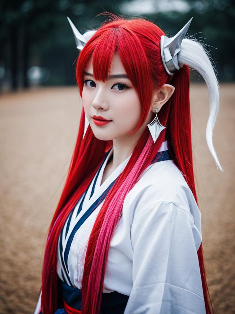 Akagi Towa Cosplay Portrait with Long Red Hair and Traditional Outfit
