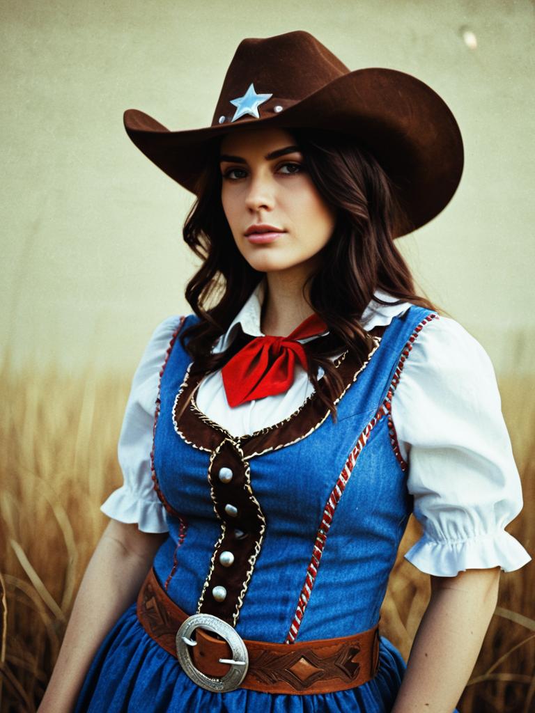 Photorealistic Woman in Cowgirl Fancy Dress Costume with Western Cowboy Hat Photorealistic Woman in Cowgirl Fancy Dress Costume with Western Cowboy Hat