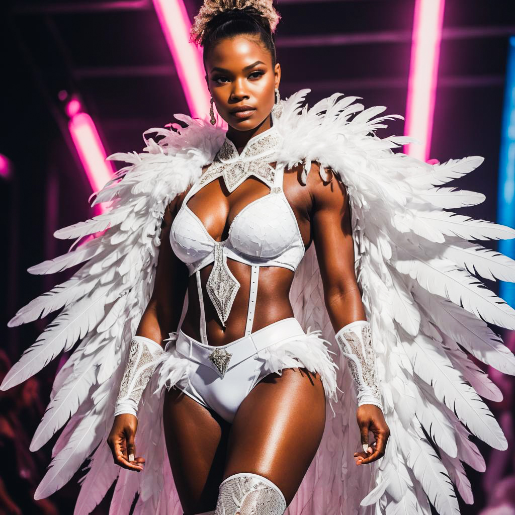 Elegant Model in White Feathered Costume on Runway