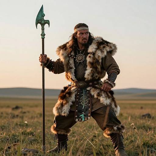 Viking Warrior in Fur and Leather Armor Holding Spear in Open Field