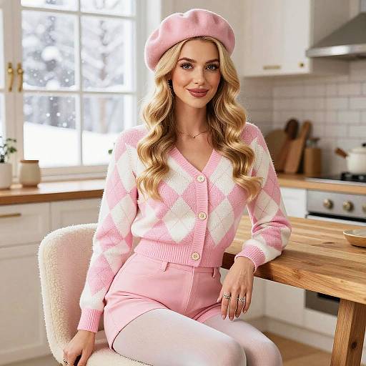 Winter Fashion Woman in Pink Argyle Cardigan and Beret Sitting in Kitchen