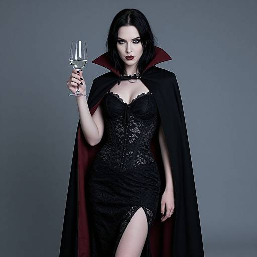 Gothic Woman in Black Lace Dress and Vampire Cape Holding Wine Glass