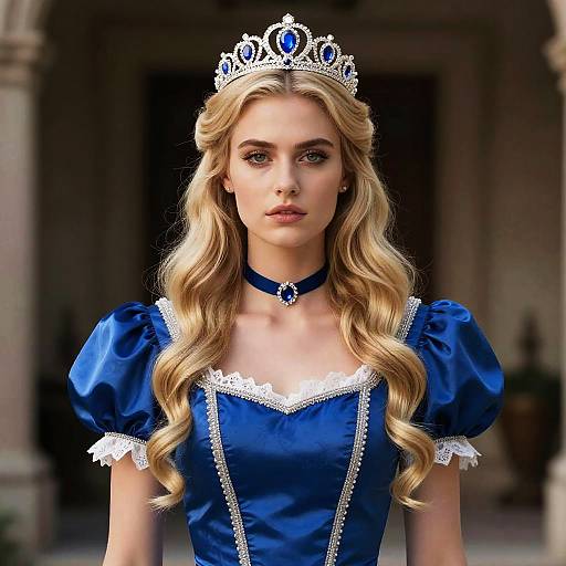 Young Woman in Royal Blue Princess Gown with Tiara and Jeweled Choker