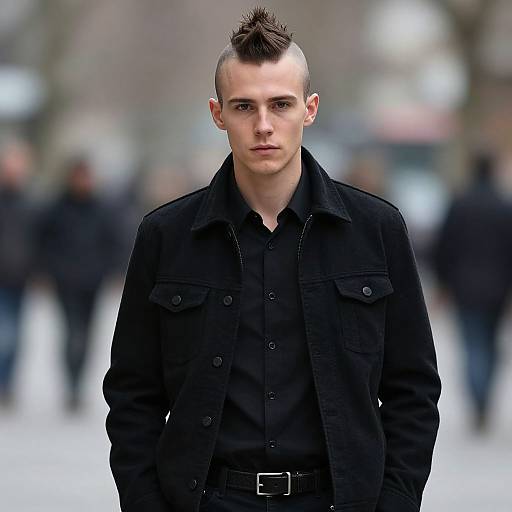 Young Man With Mohawk Hairstyle in Black Jacket Urban Portrait