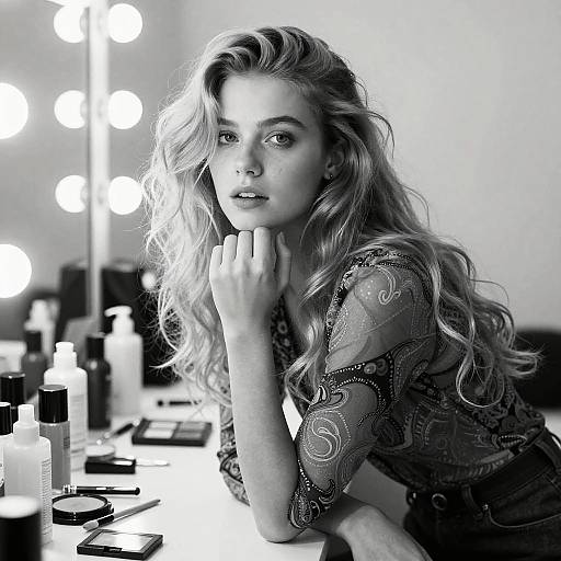 Black and White Portrait of Woman by Vanity Mirror with Makeup Products