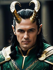 Man in Classic Loki Costume Close-Up Headshot with Golden Horns