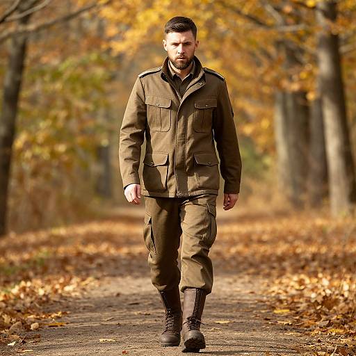 Man in Military-Style Outfit Walking on Autumn Forest Path