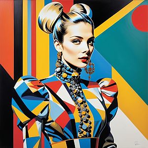 Vibrant Portrait of a Woman in Geometric Outfit