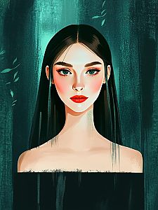 Digital Portrait of Woman with Black Hair and Blue-Green Eyes