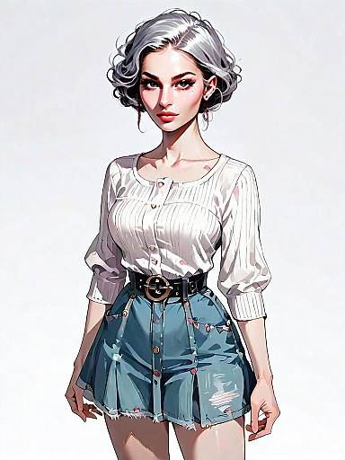 Realistic Comic Style Portrait of a Woman in Casual Outfit with Silver Hair