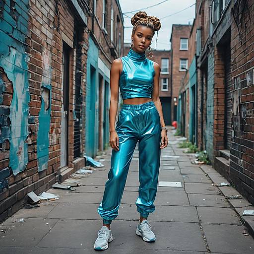 Woman Wearing Shiny Metallic Blue Outfit in Urban Alleyway