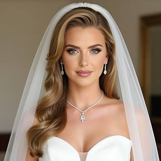 Elegant Bride in White Wedding Gown with Veil and Jewelry