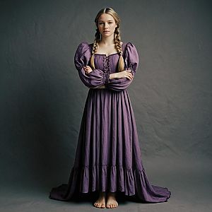 Young Woman in Purple Dress Against Plain Backdrop