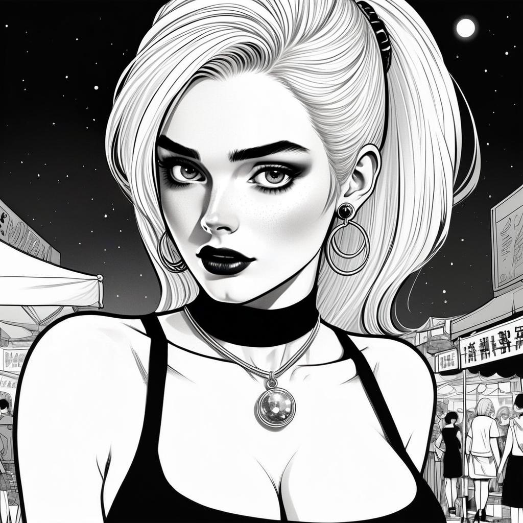 Stylized Black and White Illustration of Confident Woman in Night Market Stylized Black and White Illustration of Confident Woman in Night Market
