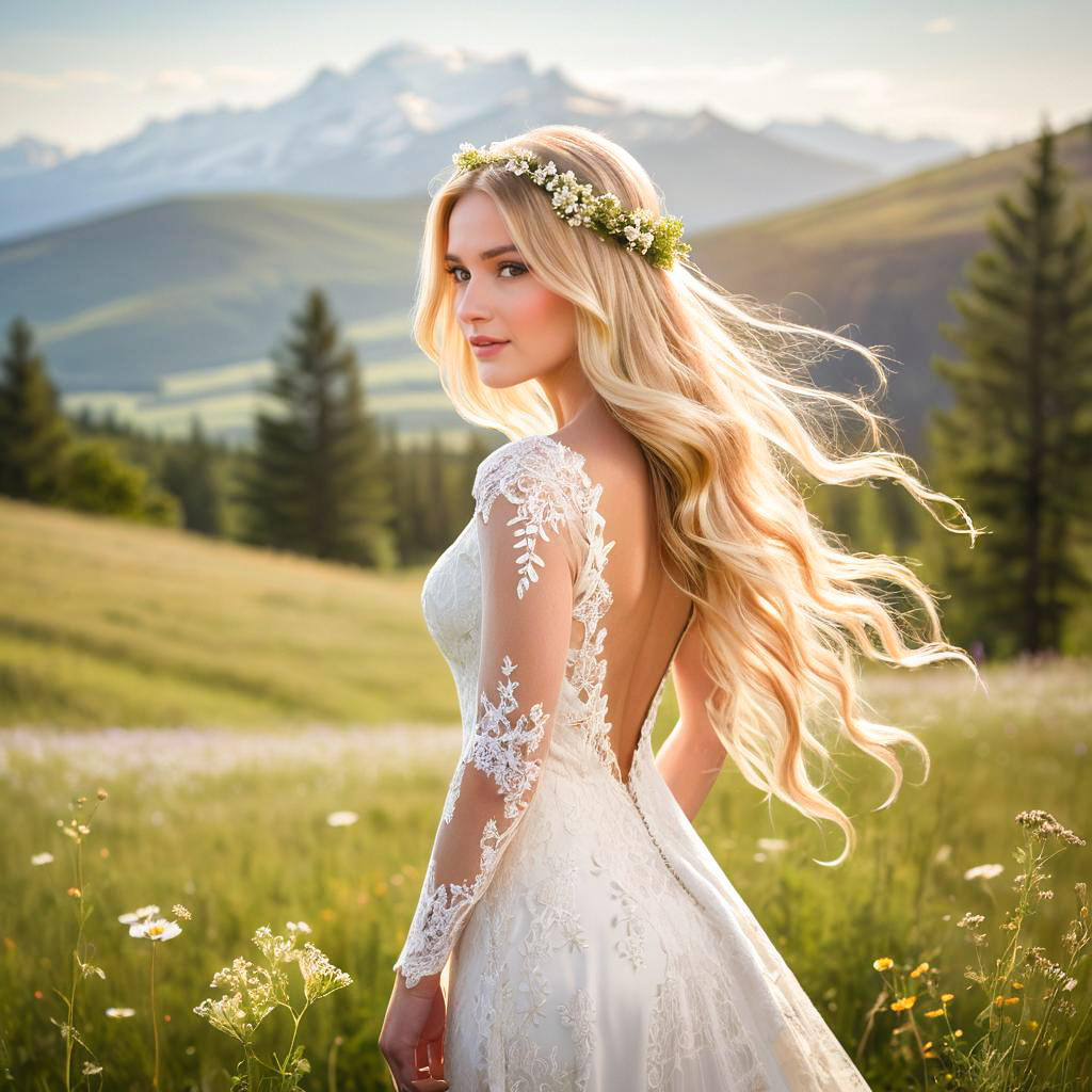 Bride in White Lace Dress in Meadow Bride in White Lace Dress in Meadow