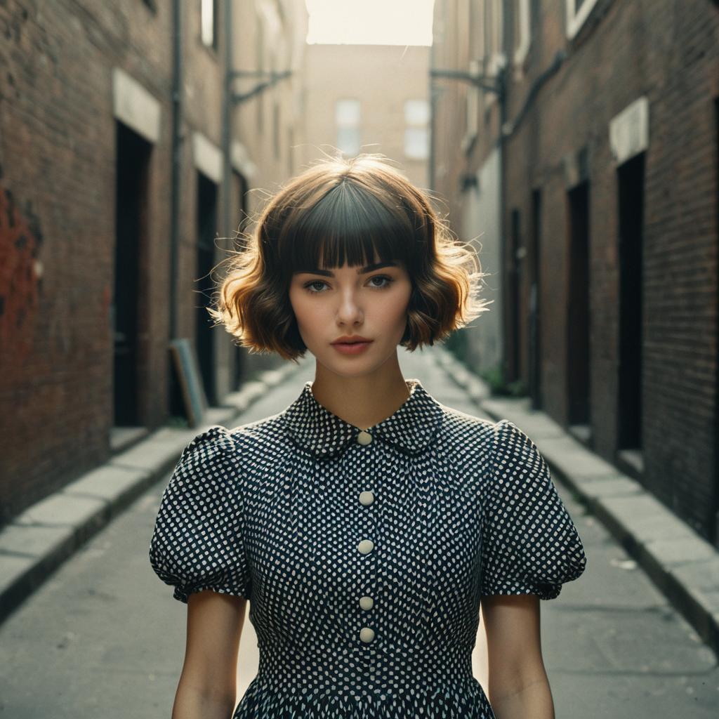 Vintage Style Woman in Polka Dot Dress in Urban Alleyway
