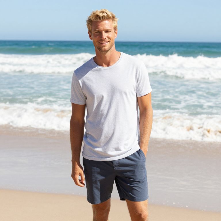Man in Casual Summer Outfit Standing on Beach by the Ocean