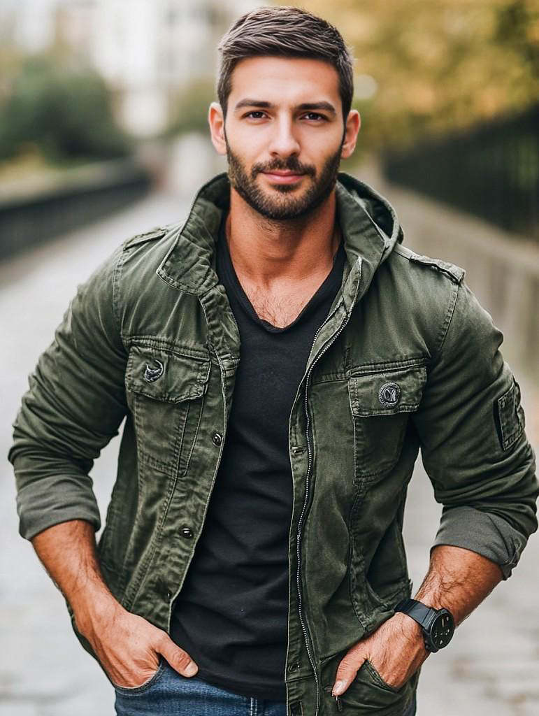 Stylish Young Man in Military-Inspired Jacket