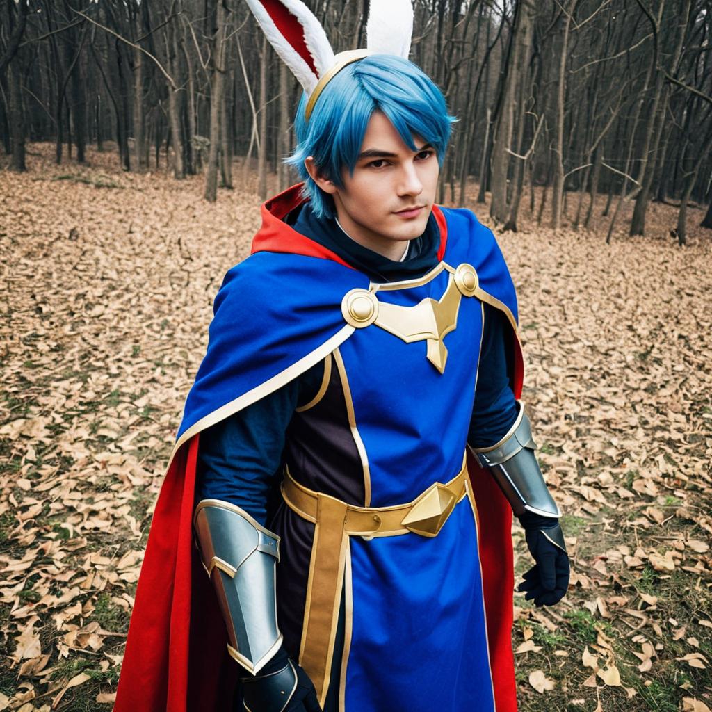 Alfonse Fire Emblem Cosplay with Bunny Ears in Forest Setting