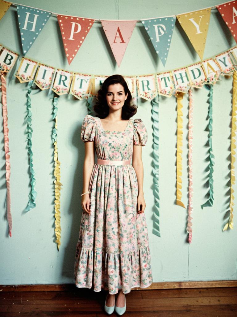 Vintage Woman in Floral Dress Celebrating Birthday with Pastel Decor