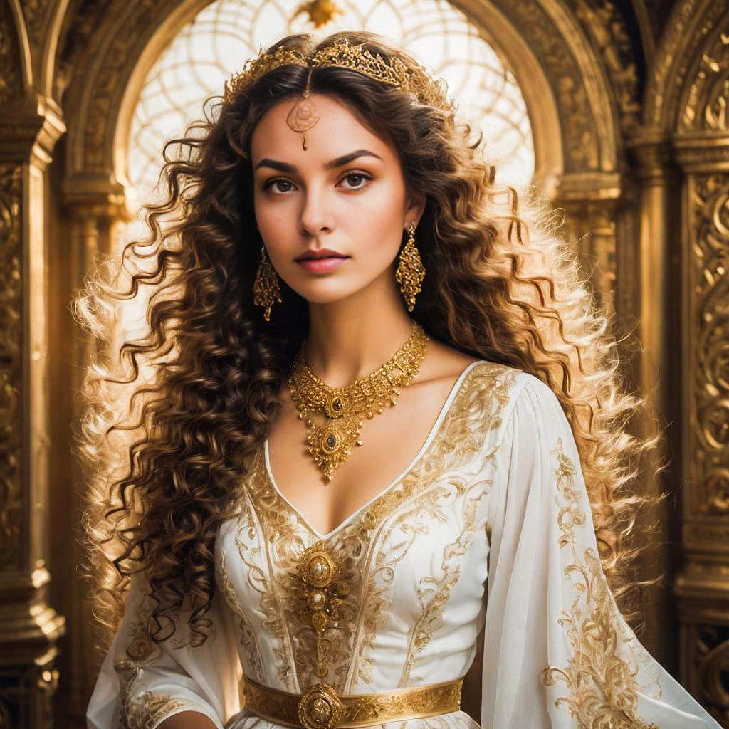 Elegant Woman in White and Gold Gown Elegant Woman in White and Gold Gown