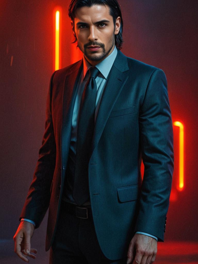 Stylish Man Emulating John Wick in Neon Light