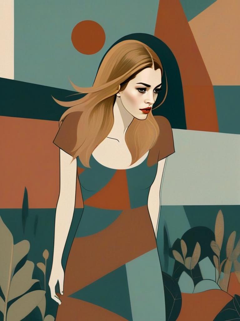 Stylish Woman with Flowing Hair and Geometric Shapes