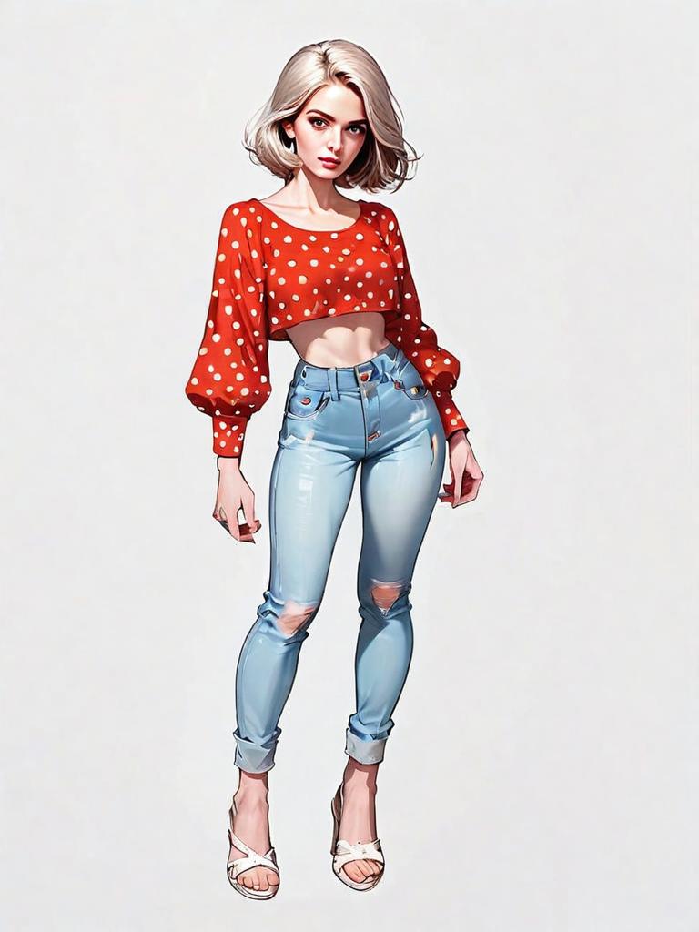 Stylish Woman in Red Polka-Dot Crop Top and Distressed Jeans - Realistic Comic Art
