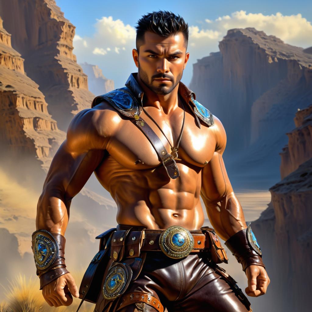 Muscular Hero in Armor in Dramatic Desert Landscape