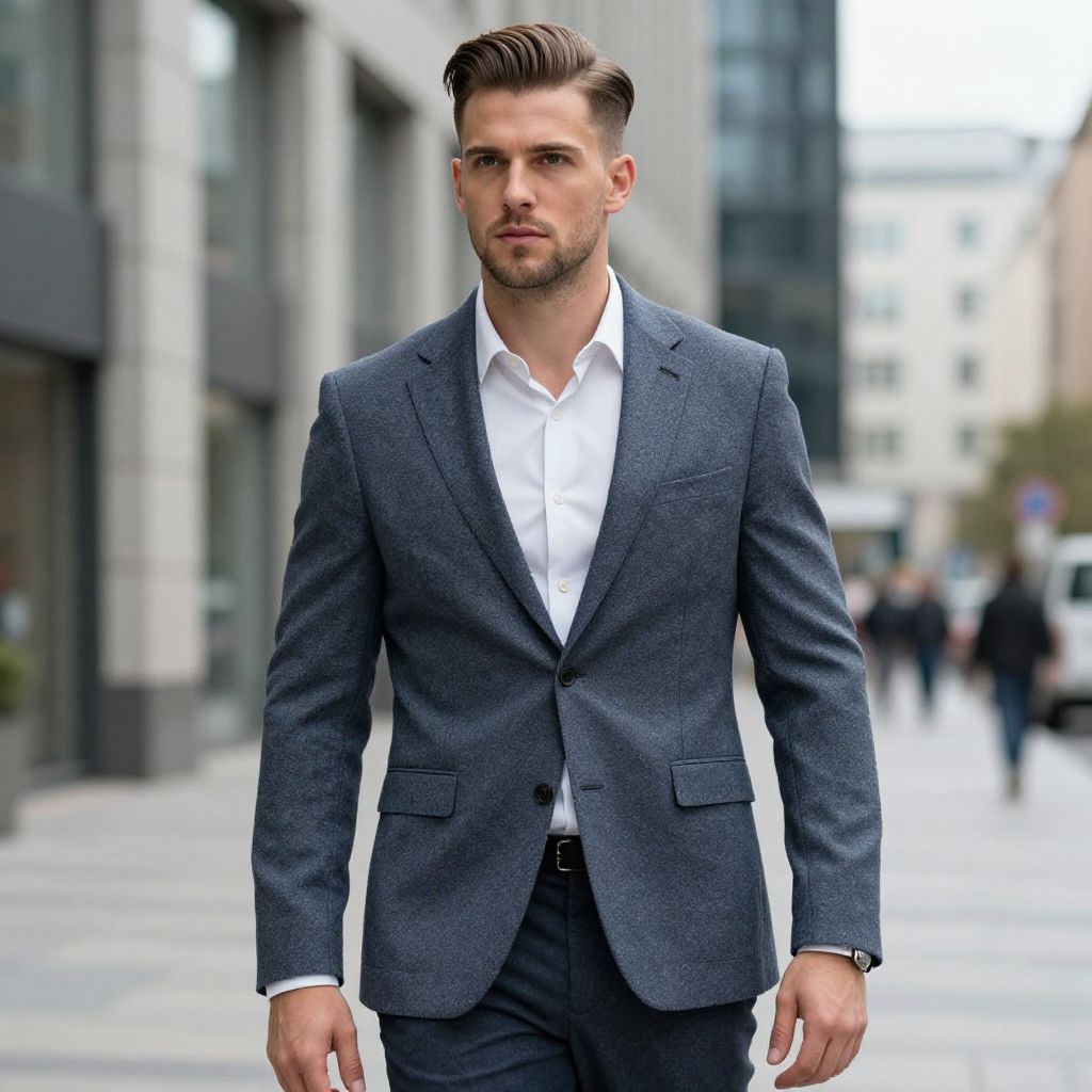 Confident Young Man in Tailored Grey Suit Walking in Urban Cityscape