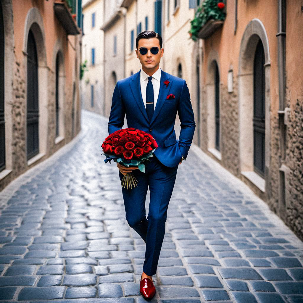 Well-Dressed Man in Blue Suit with Red Roses