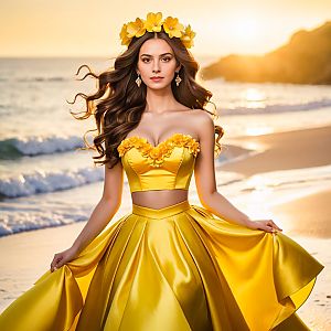 Stunning Woman in Yellow Gown on Beach at Golden Hour