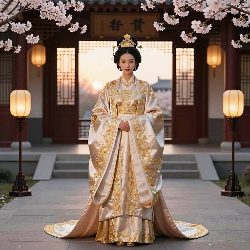 Traditional Chinese Royal Woman in Ornate Silk Robe with Cherry Blossoms
