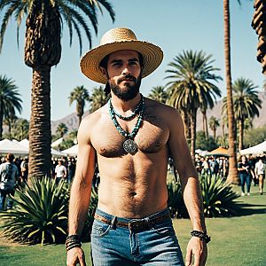 Shirtless Man in Straw Hat at Festival