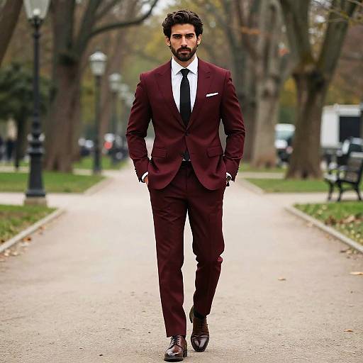 Man Walking in Maroon Suit with Black Tie on Urban Park Pathway