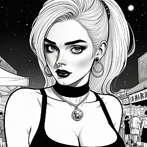 Stylized Black and White Illustration of Confident Woman in Night Market