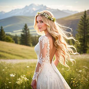 Bride in White Lace Dress in Meadow