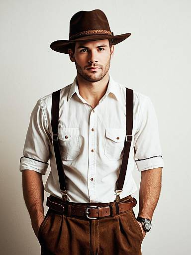 Man Wearing Traditional Lederhosen Outfit with White Shirt and Brown Hat