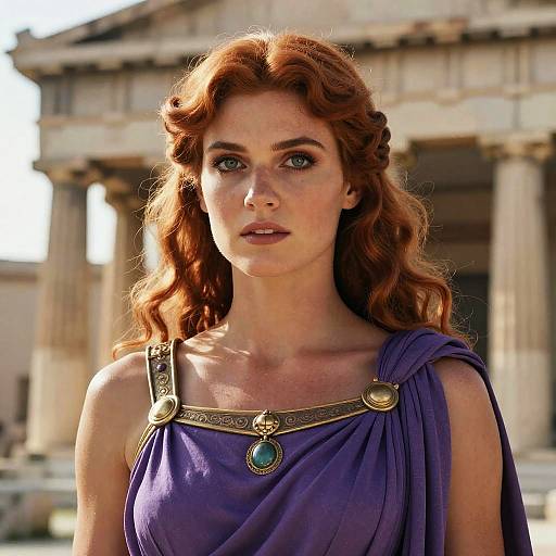 Red-Haired Woman in Ancient Greek Style Dress with Classical Architecture