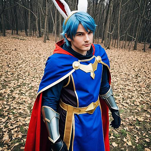 Alfonse Fire Emblem Cosplay with Bunny Ears in Forest Setting