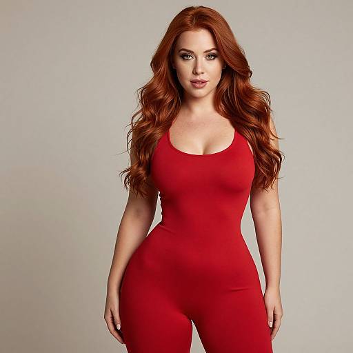 Woman in Red Form-Fitting Jumpsuit with Long Red Hair