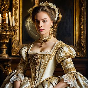 Young Woman in Renaissance Gown in Antique Interior