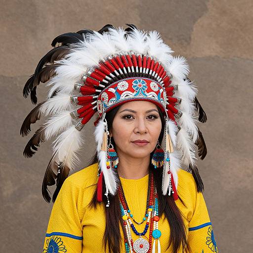 Woman in Traditional Native American Feather Headdress and Beaded Jewelry